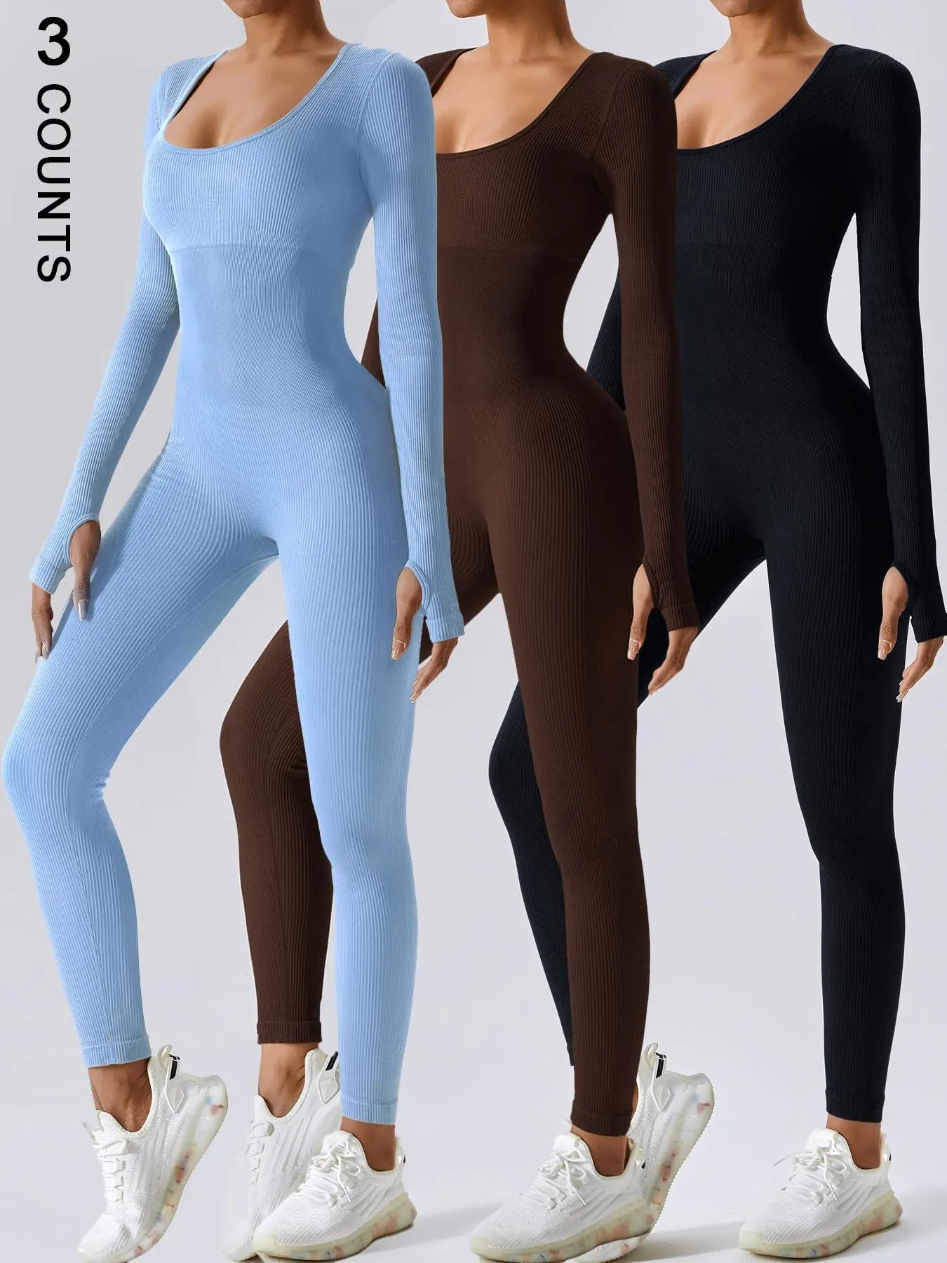 Jumpsuit deportivo de mujer de manga larga y ribbed, de color sólido con control de abdomen, de la marca THE LJM.