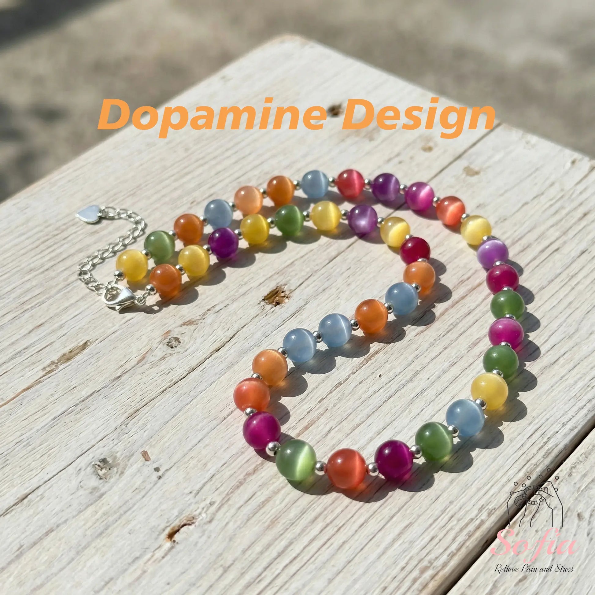 Collar choker de cuentas arcoíris, dopamina, resistente al agua, con detalles en acero inoxidable, joyería de verano de THE LJM.