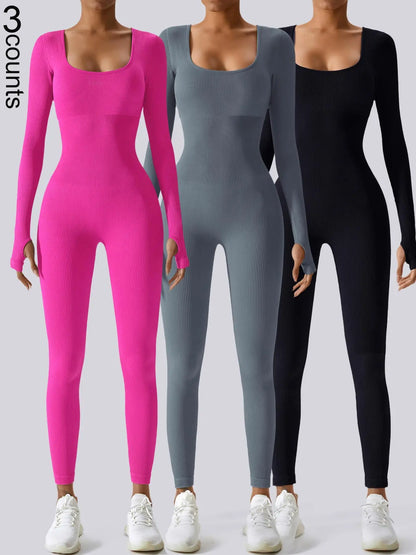 Mono deportivo de manga larga para mujer de canalé sólido con control de abdomen de la marca THE LJM.
