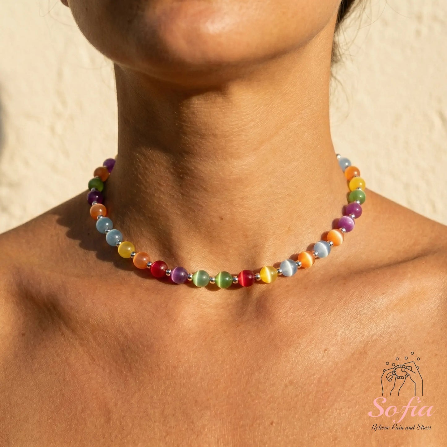 Collar chokere de cuentas arcoíris y dopamina Sofia de THE LJM, UV reactivo, resistente al agua, de acero inoxidable, joyería de verano.
