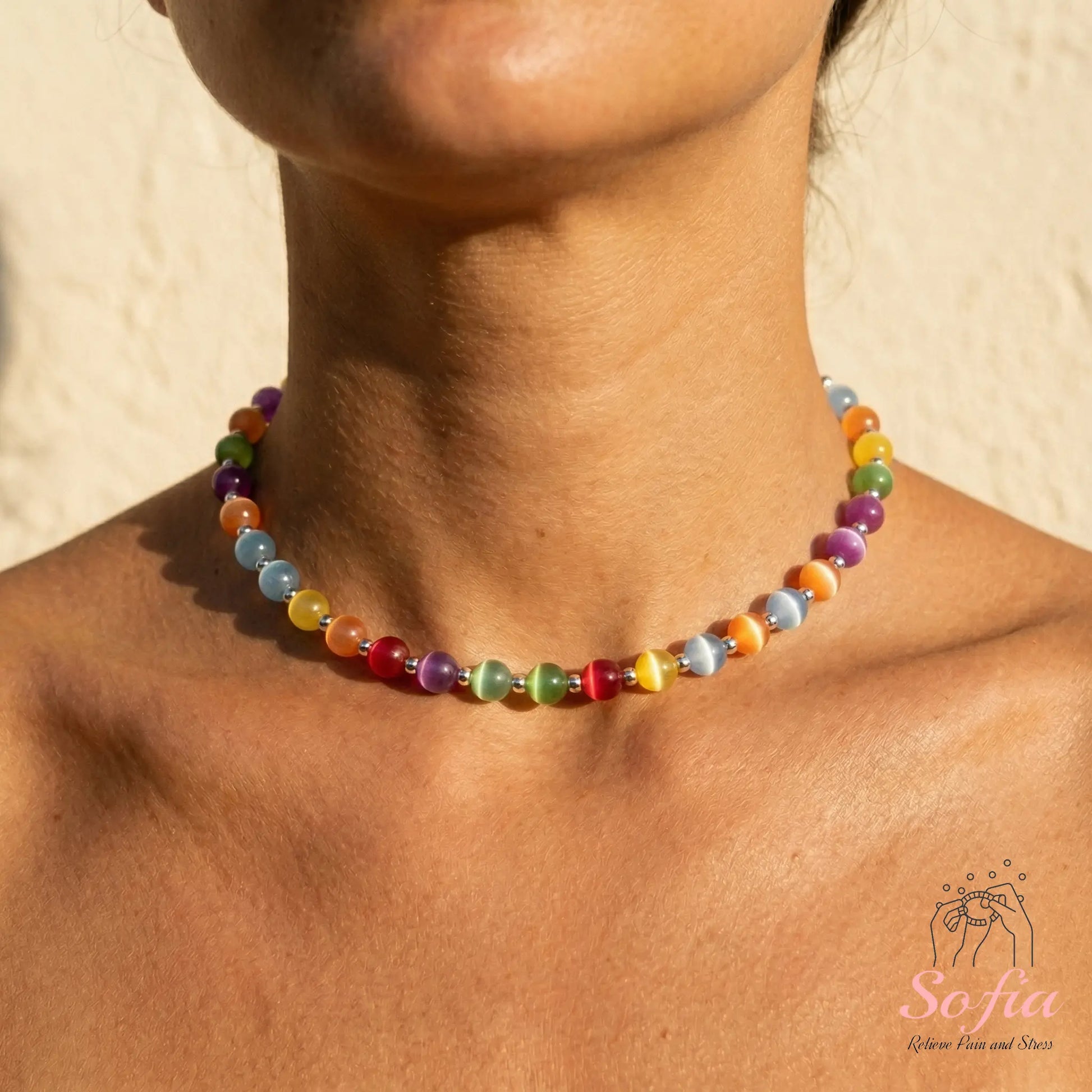 Collar chokere de cuentas arcoíris y dopamina Sofia de THE LJM, UV reactivo, resistente al agua, de acero inoxidable, joyería de verano.