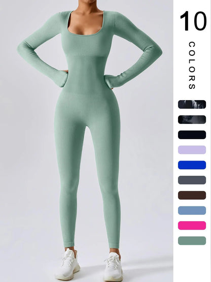 Jumpsuit largo de manga larga y ribete sólido para mujer de la marca THE LJM, con control de abdomen para ejercicio y comodidad