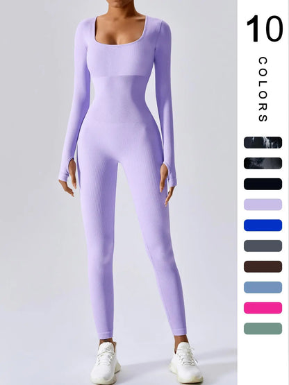 Mono deportivo de manga larga para mujer THE LJM en tejido ribbed sólido con control de abdomen, diseñado para ejercicio y comodidad.
