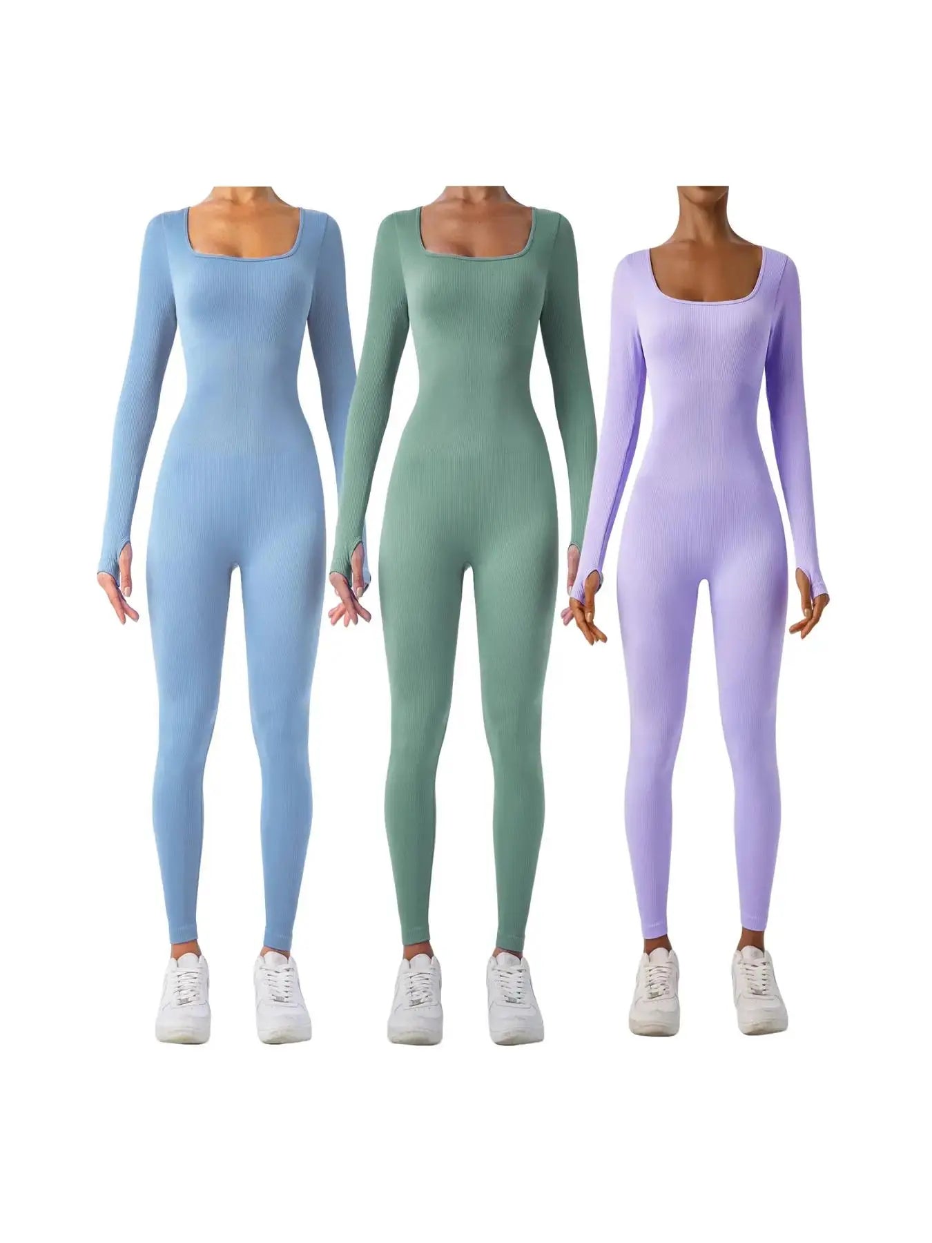 Mono deportivo de manga larga para mujer de canalé sólido con control de abdomen, marca THE LJM, ajustado y cómodo.