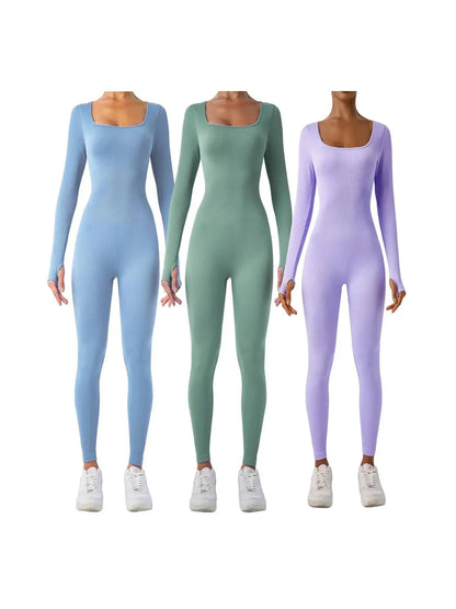 Mono deportivo de manga larga para mujer de canalé sólido con control de abdomen, marca THE LJM, ajustado y cómodo.