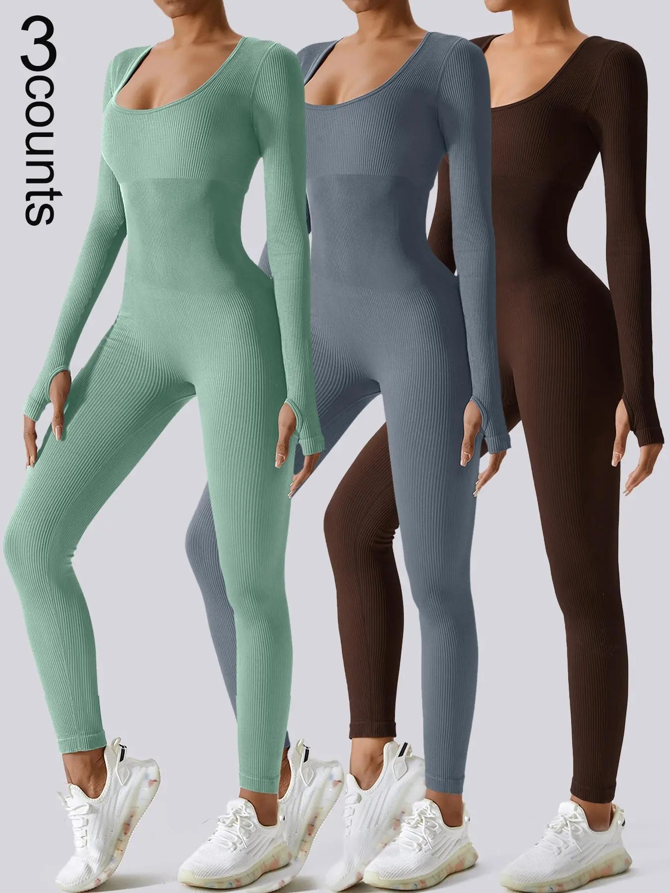 Jumpsuit deportivo de mujer de manga larga y tejido acanalado sólido, con control de abdomen, de la marca THE LJM.