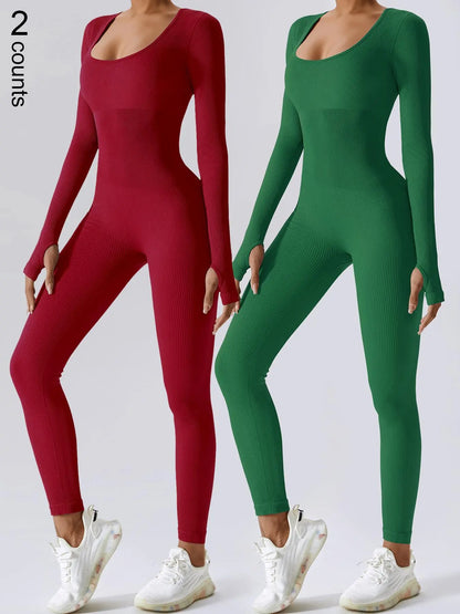 Mono deportivo de manga larga para mujer, ajustado y de canalé sólido con control de abdomen, marca THE LJM.