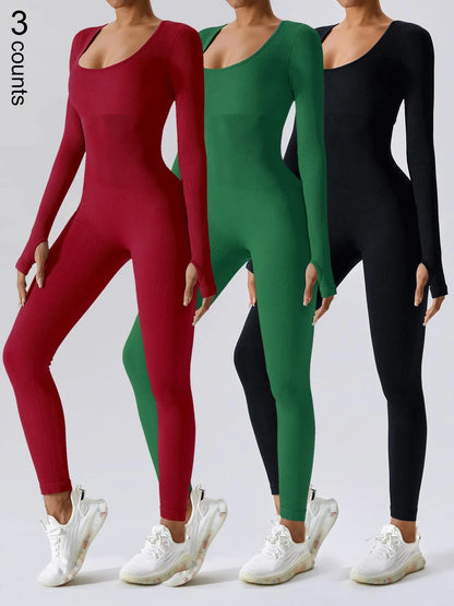 Mono deportivo de mujer THE LJM de manga larga y ribete liso, con control de abdomen y diseño ajustado para comodidad y estilo.