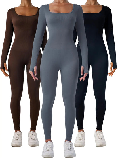 Mono deportivo de mujer, ajustado con ribete sólido de manga larga y control de abdomen, de la marca THE LJM.