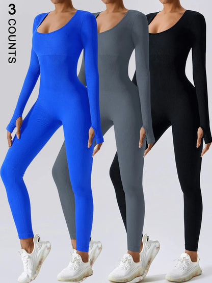 Jumpsuit de mujer de manga larga y cintura alta en punto acanalado sólido, marca THE LJM, para deportes y comodidad