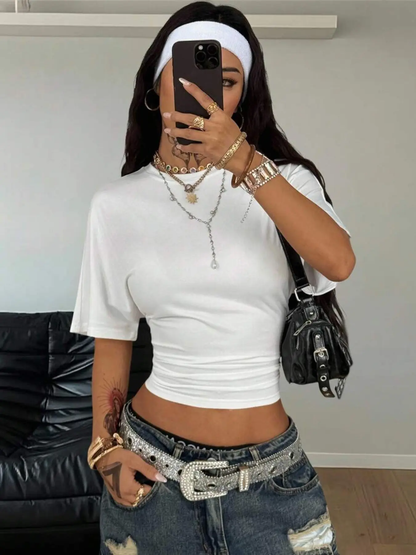 Camisa blanca de mujer THE LJM, estilo street casual, con ajuste suelto y detalles ruched, perfecta para uso diario y estilo Y2K
