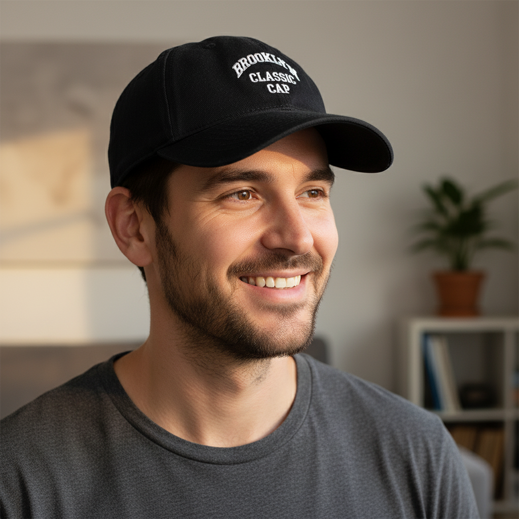 Gorra Brooklyn Classic de THE LJM en color negro con diseño clásico y ajuste ajustable, vista frontal sobre fondo neutro.