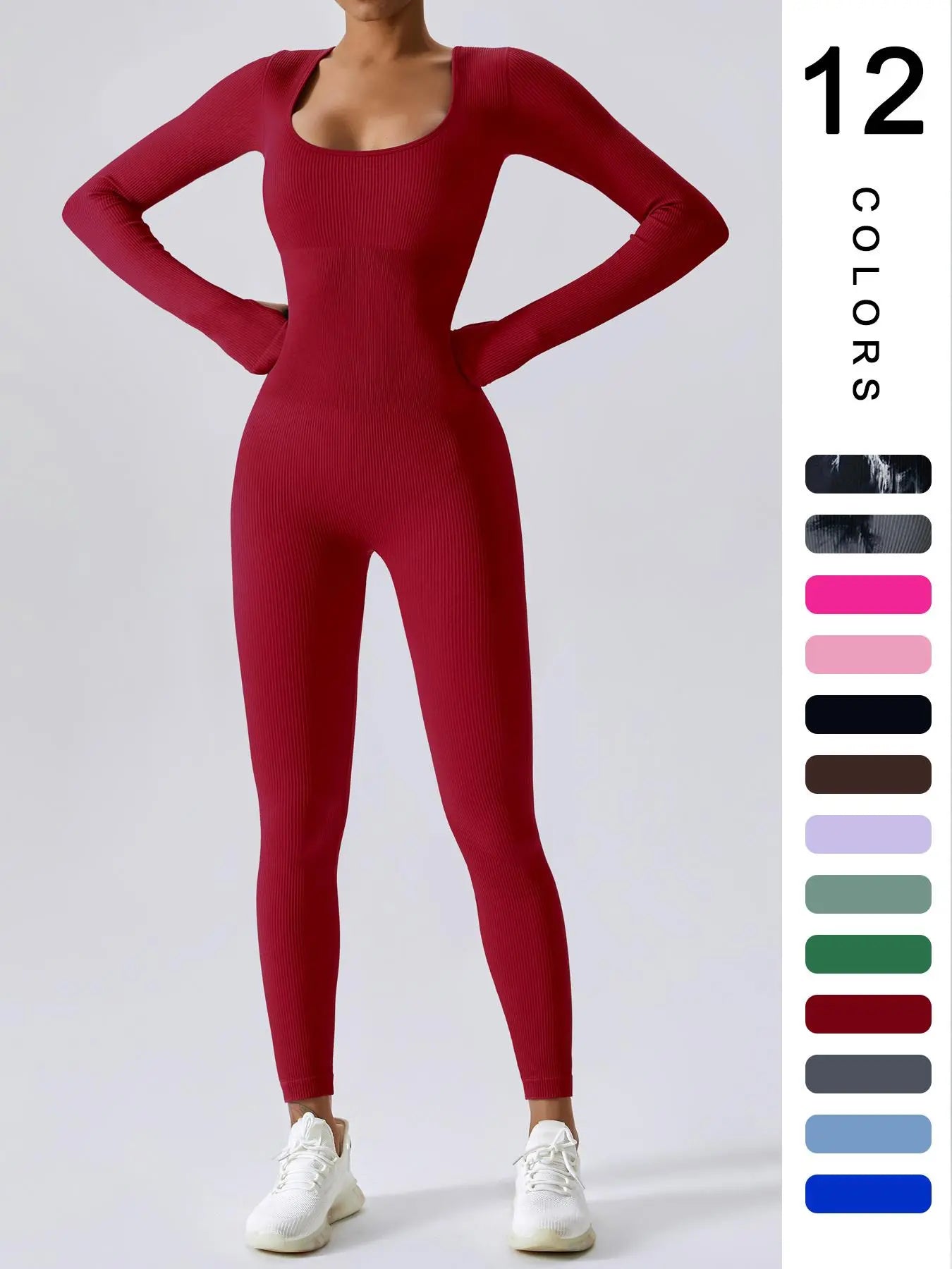 Jumpsuit de deporte para mujer de manga larga y ribete sólido de THE LJM, con control de abdomen, ajustado y cómodo.