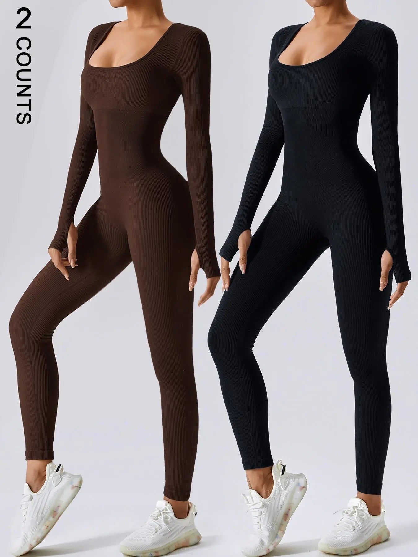 Mono deportivo de manga larga para mujer THE LJM, ajustado, con control de abdomen y diseño de canalé sólido.
