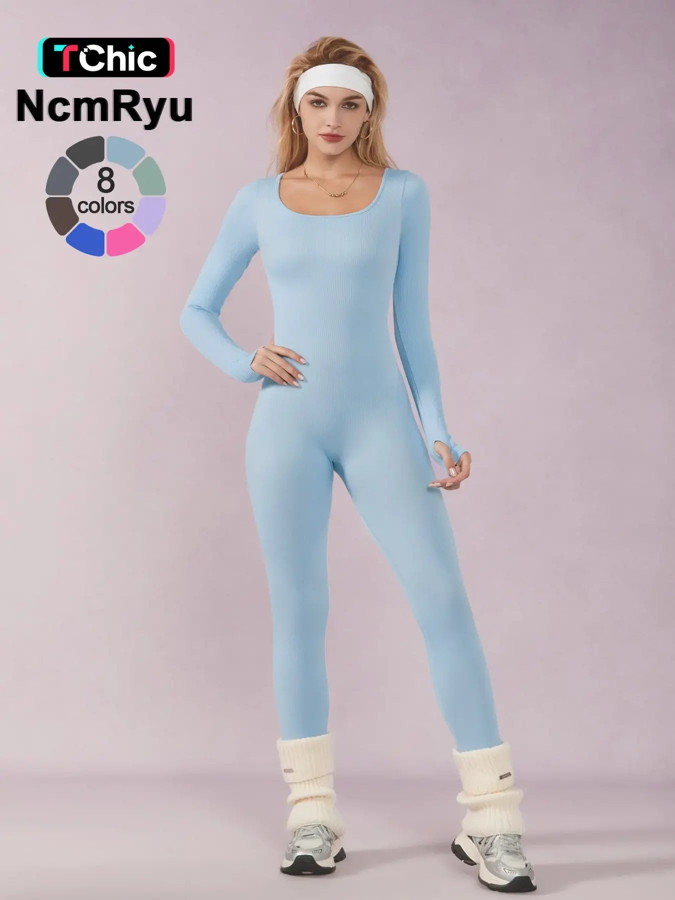 Jumpsuit deportivo de manga larga para mujer de THE LJM, con tejido ribbed sólido y control de abdomen.