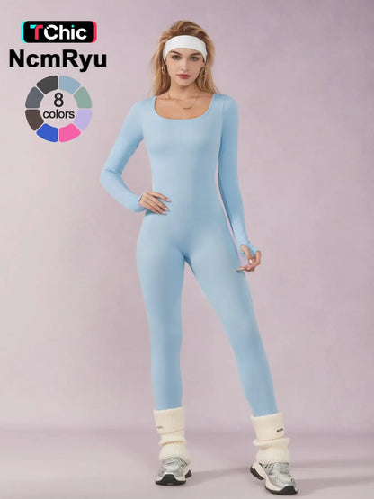Jumpsuit deportivo de manga larga para mujer de THE LJM, con tejido ribbed sólido y control de abdomen.