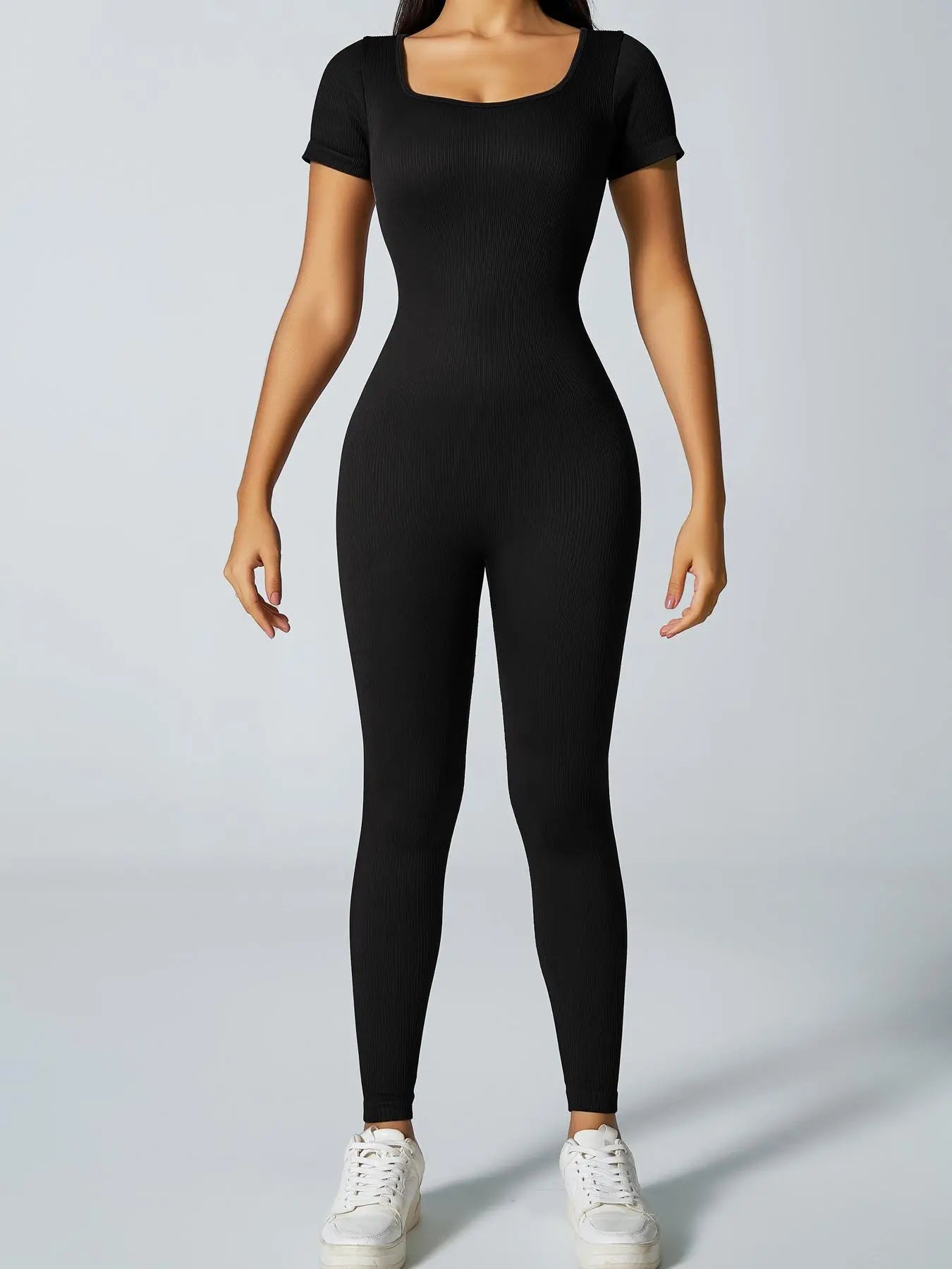 Jumpsuit de deporte para mujer de manga larga acampanada, tejido ribbed sólido con control de abdomen, marca THE LJM.
